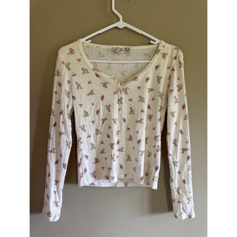 Pink Republic Cream Deer Bow Pointelle‎ Knit Henley Long Sleeve Top Small